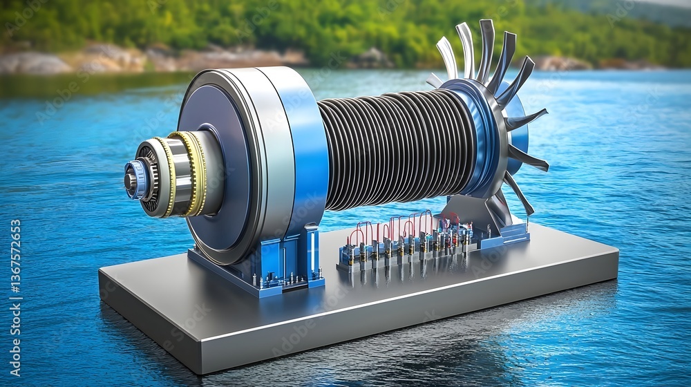 Poster 3d of a futuristic underwater hydro turbine system generating clean renewable energy through advance