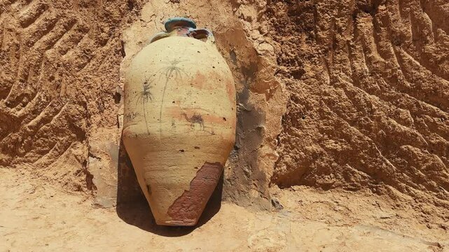 Ancient clay pot against textured Sahara desert wall in North African setting in Berber village