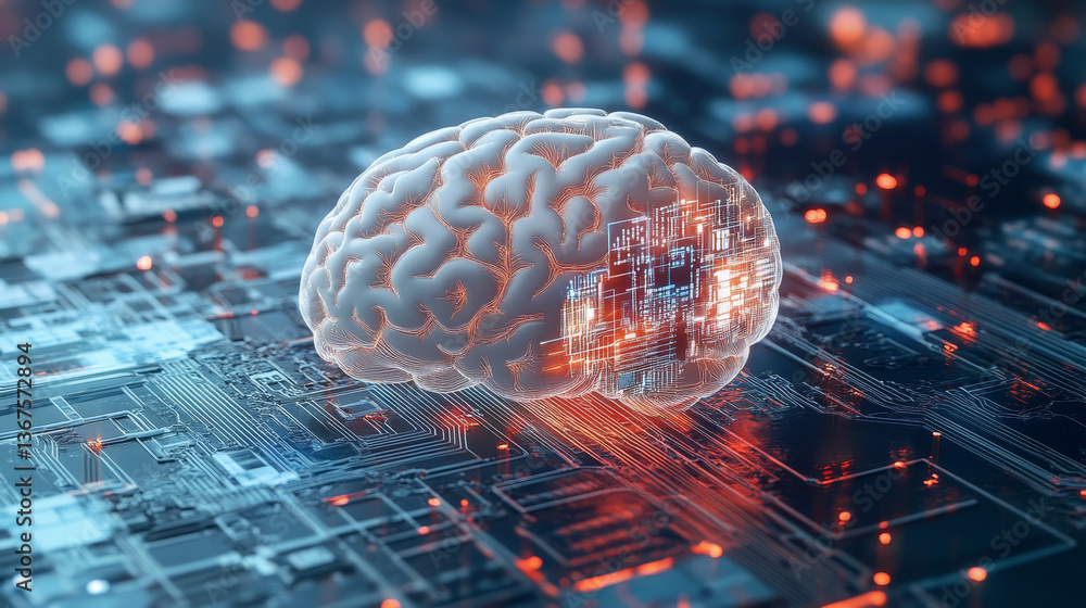 Poster isometric human brain with micro chip. artificial intelligence and implants of artificial organs.