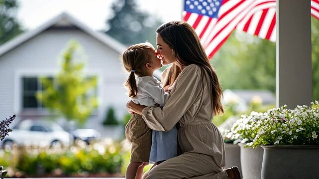 Affectionate Embrace: A tender moment between a mother and child, bathed in the soft glow of the American flag, symbolizing love and belonging, and national pride.