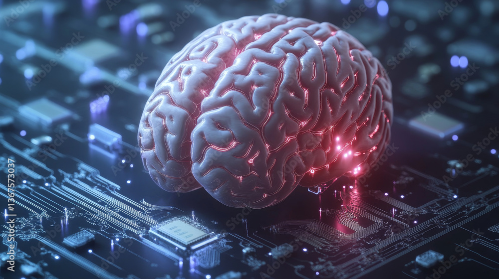 Poster isometric human brain with micro chip. artificial intelligence and implants of artificial organs.