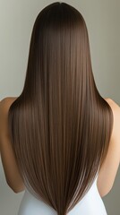 Naklejka premium Beautiful model girl with Brown hair strand,silky healthy chestnut wavy hair strand,hair wavy ribbon, with smooth,Keratin straightening,Treatment,straight long hair,procedures,Smooth hairstyle.