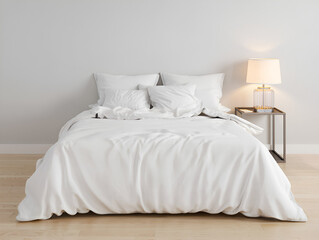 Cozy bedroom with white bedding and a stylish nightstand lamp