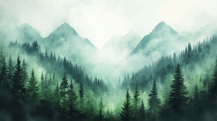 Watercolor of landscape forest misty mountains horizon and fog and hills,pine tree fir tree,Autumn forest background,drawn by hand,Autumn illustration design elements for landscape,wallpaper.