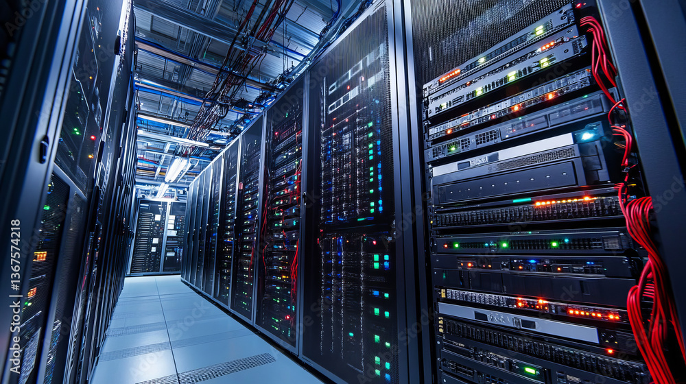 Poster inside large data center. advanced cloud computing concept. corridor with server racks and cabinets 