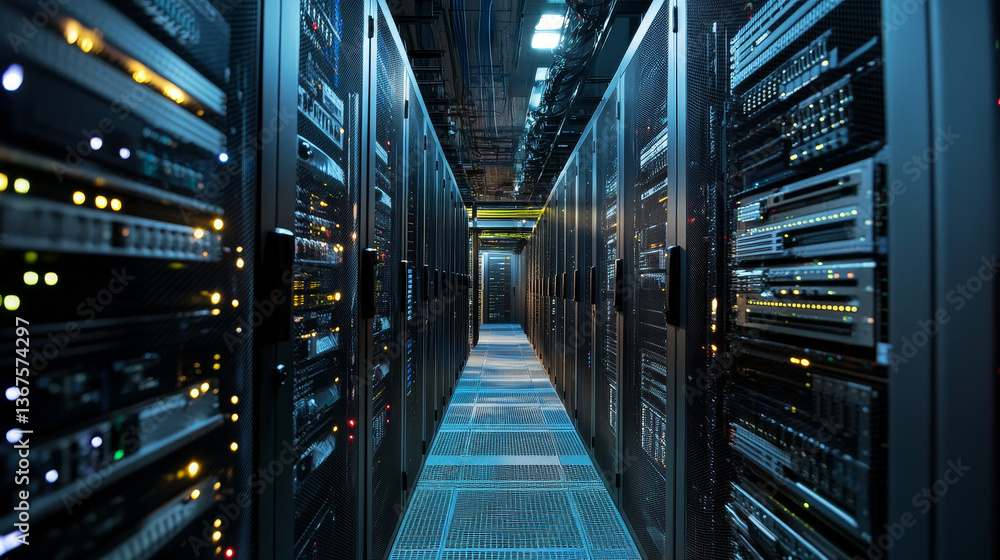 Poster inside large data center. advanced cloud computing concept. corridor with server racks and cabinets 