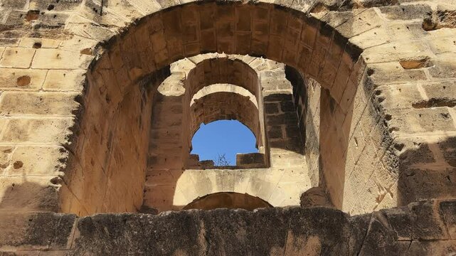 Panoramic details of Historic Roman Amphitheater Walls in El Jem, Tunisia