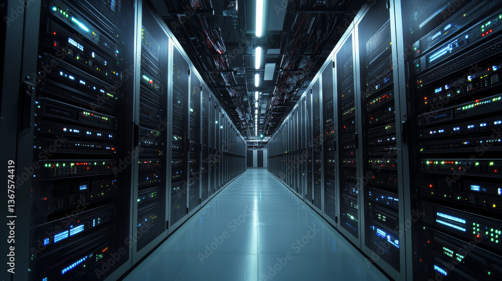 Poster inside large data center. advanced cloud computing concept. corridor with server racks and cabinets 