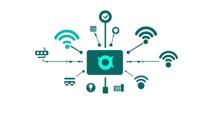 Fototapeta premium Connecting the Digital World: An intricate, graphic depiction of interconnected devices and signals, vividly showcasing a streamlined network's communication