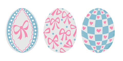 Hand-drawn vector illustration of three decorative Easter eggs with pastel pink and blue patterns, including bows, hearts, and geometric shapes. Perfect for holiday designs, greeting cards