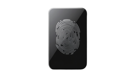 Fingerprint Authentication: A high-angle view of a black device against a clean backdrop, with a detailed fingerprint sensor at its heart, symbolizing cutting-edge biometric security.
