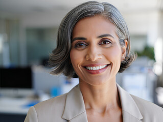 Happy elegant older mature lady posing for portrait standing in office. Beautiful middle aged business woman looking at camera, smiling 45 years old businesswoman leader executive at work closeup