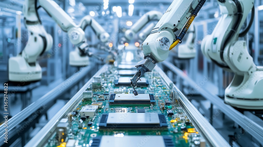 Poster close-up of high precision robot arms on automated pcb assembly line inside modern electronics facto