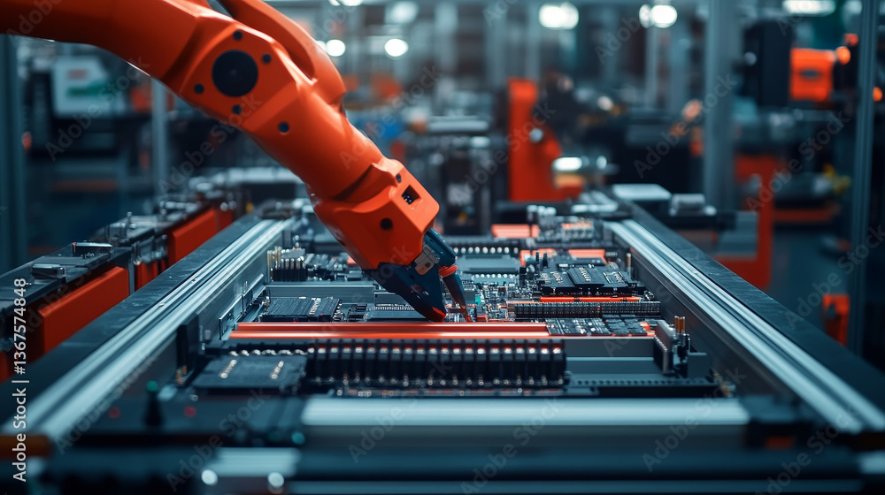 Poster close-up of high precision robot arms on automated pcb assembly line inside modern electronics facto