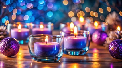 Festive Holiday Candles: Violet & Blue Glass Candle Holders, Lit Candles, Romantic Setting