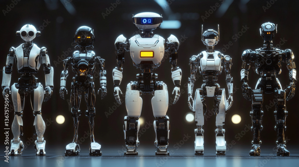 Poster isometric concept robot programming. infographics of robots helpers and friends