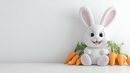 Obraz premium Cute white bunny surrounded by fresh carrots indoor setting toy photography bright and cheerful atmosphere
