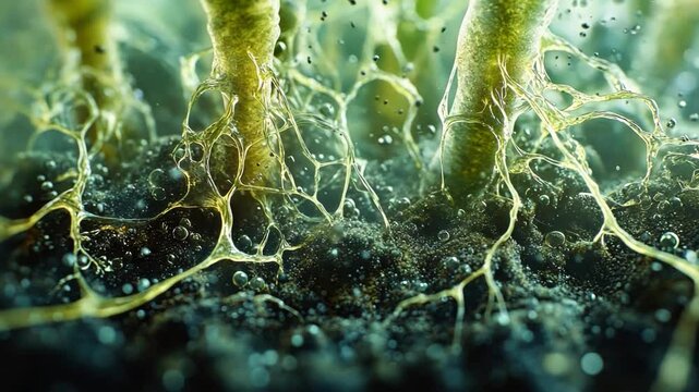 Life Beneath the Surface: A macro perspective reveals a vibrant network of plant roots and mycelial filaments, thriving in a moist and nutrient-rich soil environment.
