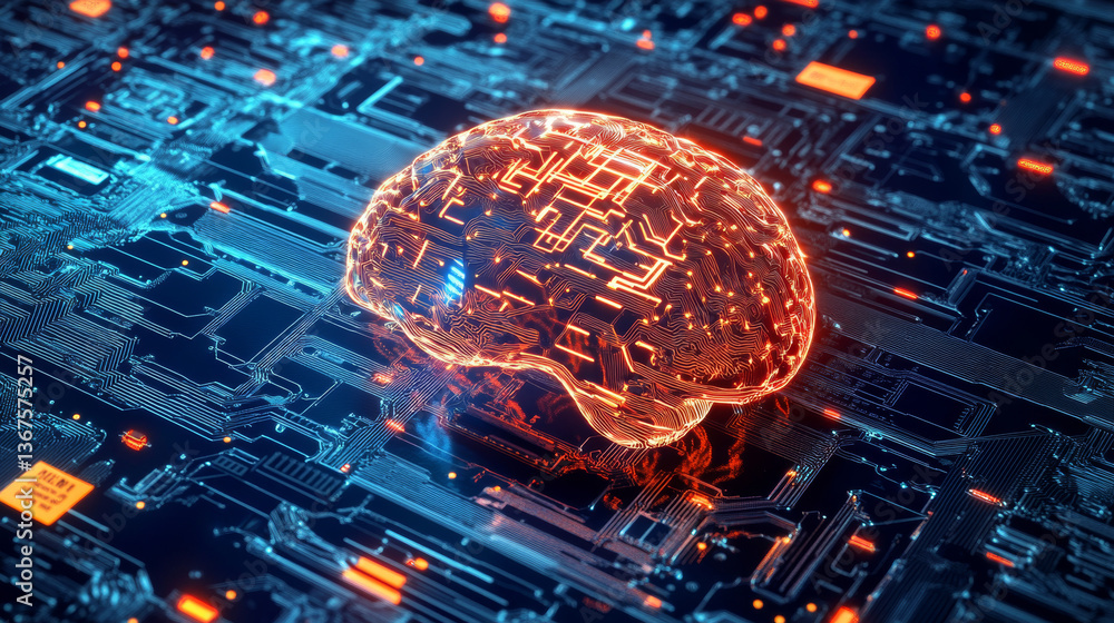 Poster colorful digital brain circuit board with ai chip processor. business idea and innovation. artificia