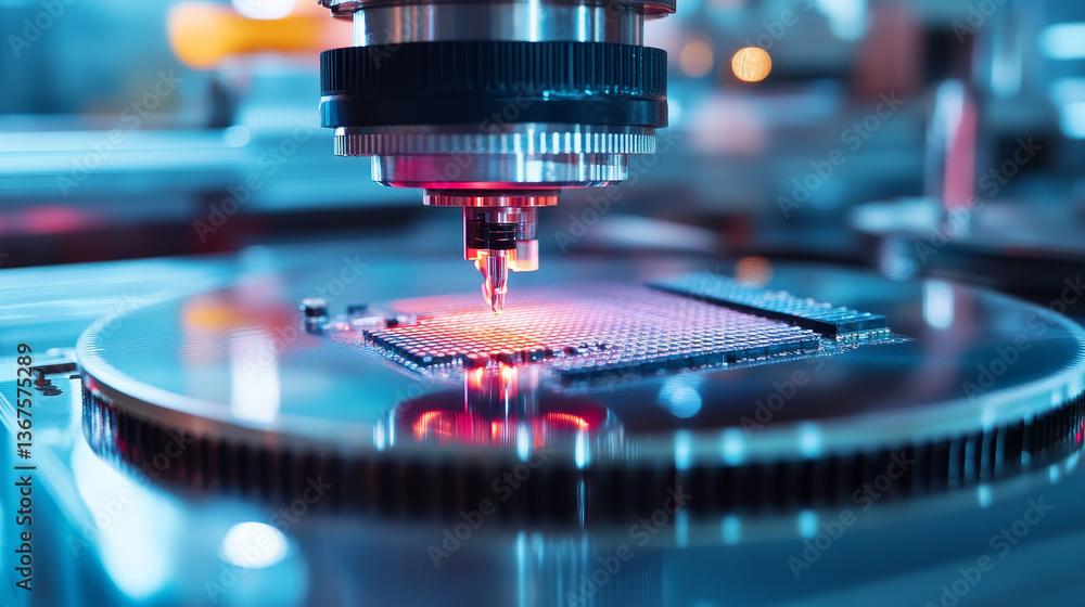 Poster close-up of silicon die are being extracted from semiconductor wafer and attached to substrate by pi