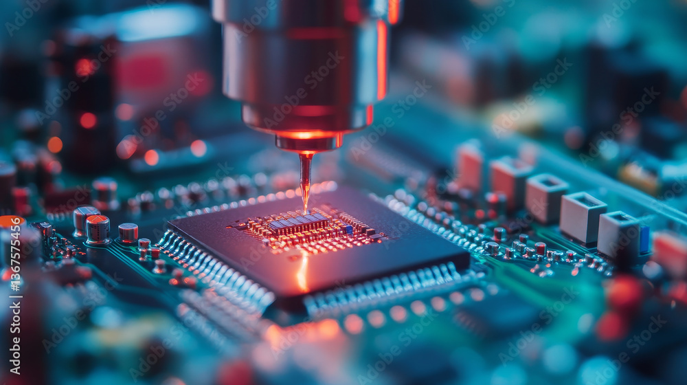 Aufkleber silicon dies are being extracted by a pick and place machine from wafer and attached to substrate. c