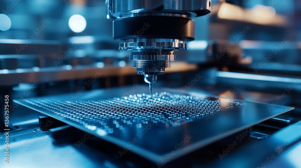 Poster close-up of silicon die are being extracted from semiconductor wafer and attached to substrate by pi