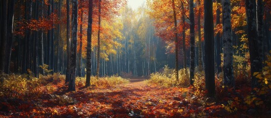 Fototapeta premium Autumn forest path, sunlight, leaves. Peaceful nature scene, ideal for calendar