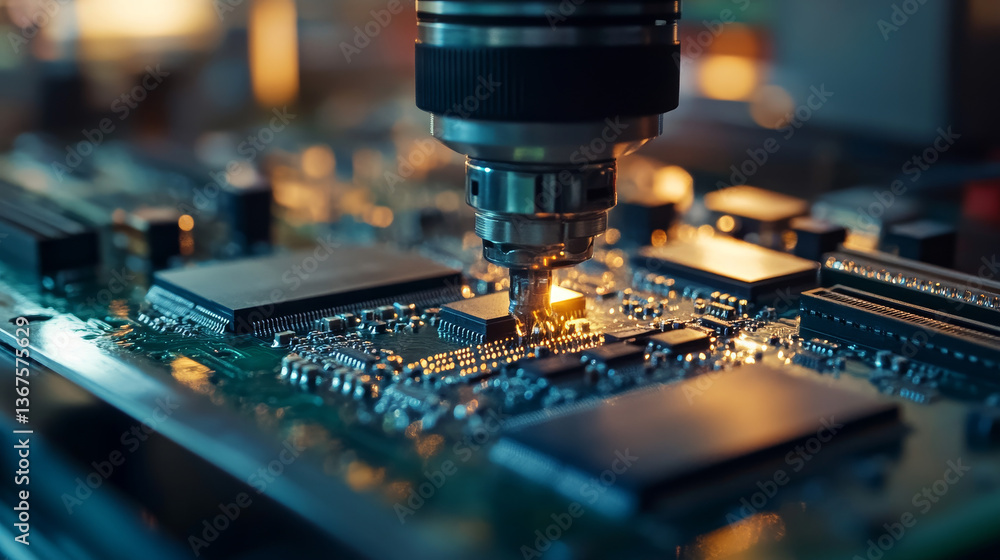 Poster silicon dies are being extracted by a pick and place machine from wafer and attached to substrate. c