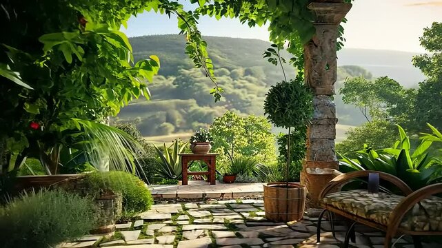 Serene Mediterranean Garden Vista: Picturesque Patio with Mountain View