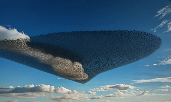 A large flock of birds flying in formation against a blue sky with clouds