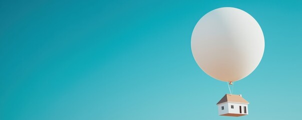 impact effect economic concept. Floating house attached to a balloon against a blue sky.