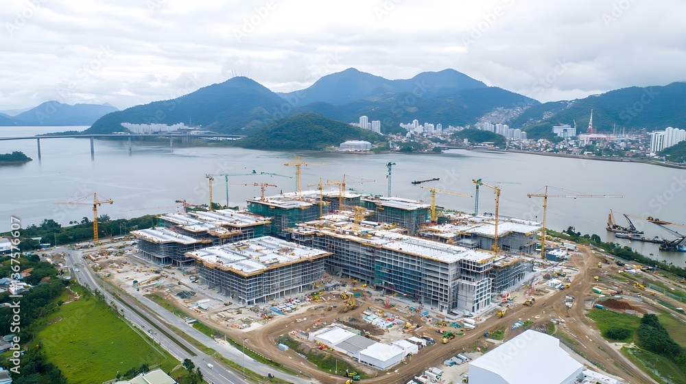 Poster aerial view of a massive hydroelectric dam construction site with engineers and workers positioning 