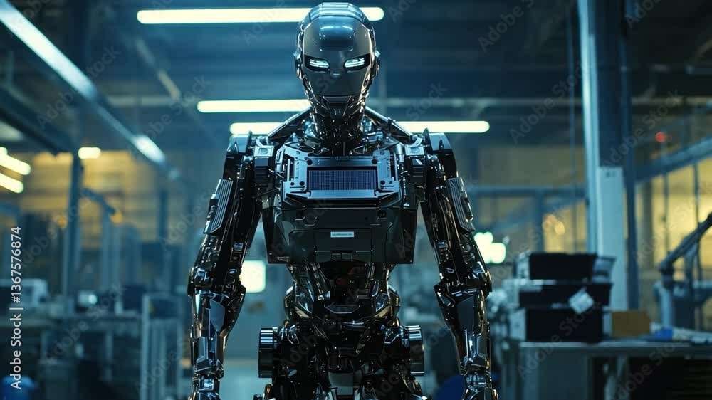 Poster mechanical sentinel: a striking, photorealistic depiction of an advanced humanoid robot, its polishe