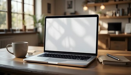 Fototapeta premium Minimalist Workspace with Laptop and Coffee Cup on Wooden Desk