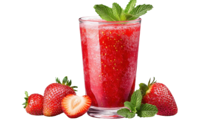 Strawberry Bliss: A refreshing strawberry smoothie, a vibrant red drink is adorned with fresh strawberries and mint
