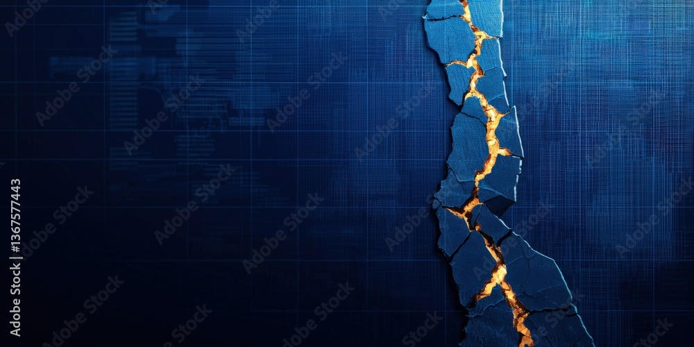 Poster impact effect economic concept. abstract digital fractal design with illuminated cracks.