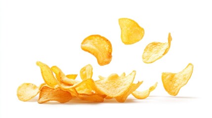 Potato Chips Falling and Piled Up Isolated on White Background
