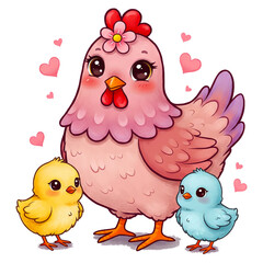 Whimsical pink hen with chicks and hearts