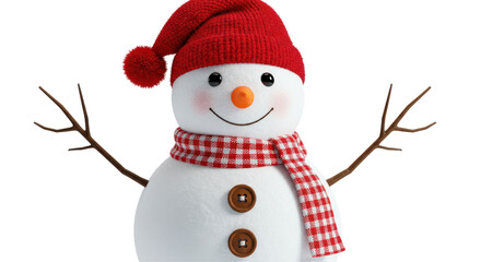 Isolated Smiling Snowman with Red Knit Hat