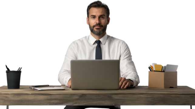 Focused and Professional: A businessman at his desk, radiating competence and precision. This image showcases a focused professional using his laptop for work.