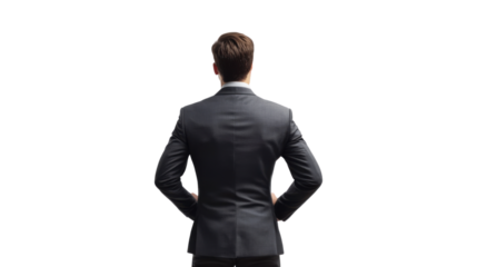 Man in Suit: A rear view of a man, elegantly dressed in a tailored suit, stands with hands on hips, exuding confidence and poised to the future.