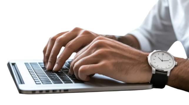 Digital Communication: Close-up of a person hands swiftly typing on a laptop keyboard, capturing a moment of focused concentration in a modern setting.