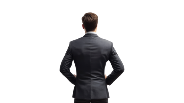 Man in Suit: A rear view of a man, elegantly dressed in a tailored suit, stands with hands on hips, exuding confidence and poised to the future.