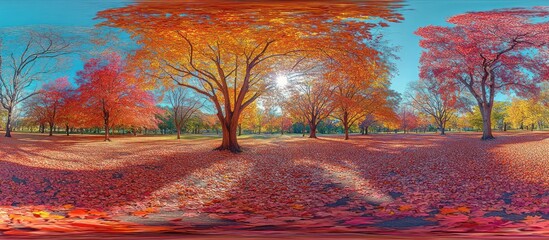 Autumn park, colorful leaves, sunny day, 360? view, nature
