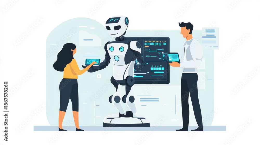 Poster isometric man and woman with robot artificial intelligence working , robot working with virtual disp