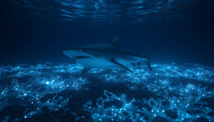 Fototapeta premium Shark swimming in deep ocean with glowing bioluminescent coral reef