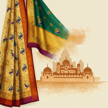 Traditional Paithani Saree Detail with Indian Monument Silhouette

