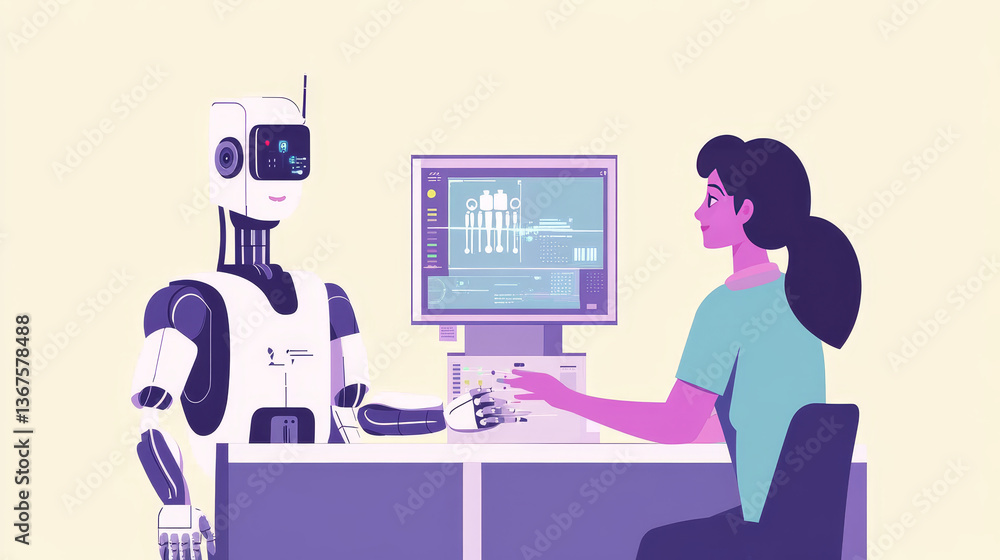 Poster isometric man and woman with robot artificial intelligence working , robot working with virtual disp