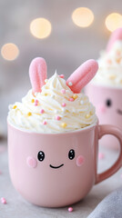 Happy Easter! Creamy eggnog served in a festive mug, garnished with pastel sprinkles and a bunny stir stick