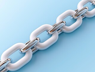 Close-up of glossy white and chrome chain links on a light blue background, symbolizing connection, strength, and unity.

